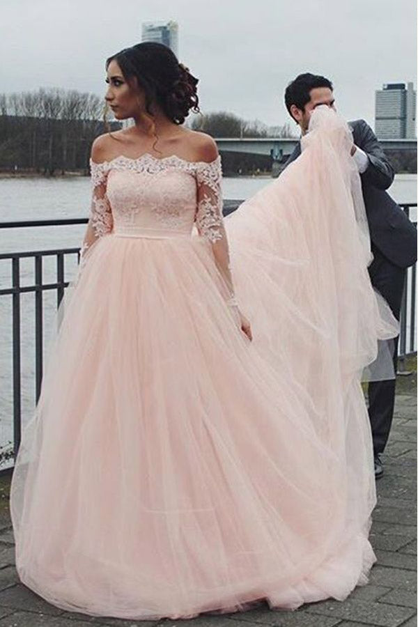 Pink A Line Brush Train Off Shoulder Long Sleeve Lace Wedding Dress,Perfect Wedding Gowns