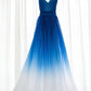 Ombre Blue Sweetheart Spaghetti Sleeveless Prom Dress,A Line Floor Length Evening Dress