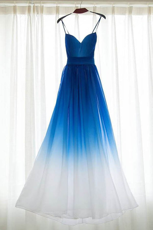 Ombre Blue Sweetheart Spaghetti Sleeveless Prom Dress,A Line Floor Length Evening Dress