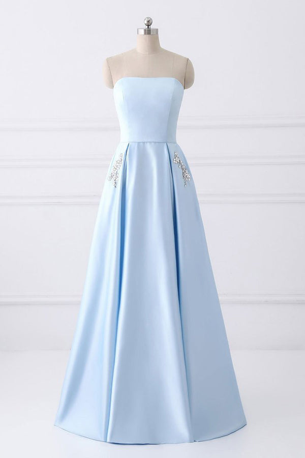 Light Blue A Line Floor Length Strapless Sleeveless Lace Up Prom Dress,Party Dress