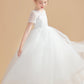 Short Sleeves Ivory Tulle Flower Girl Dresses With Lace Appliques