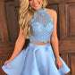 Royal Blue Two Piece A Line Halter Sleeveless Keyhole Back Appliques Short Homecoming Dress