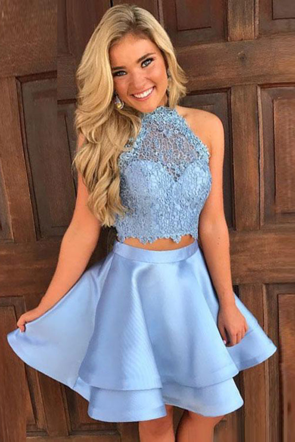 Royal Blue Two Piece A Line Halter Sleeveless Keyhole Back Appliques Short Homecoming Dress
