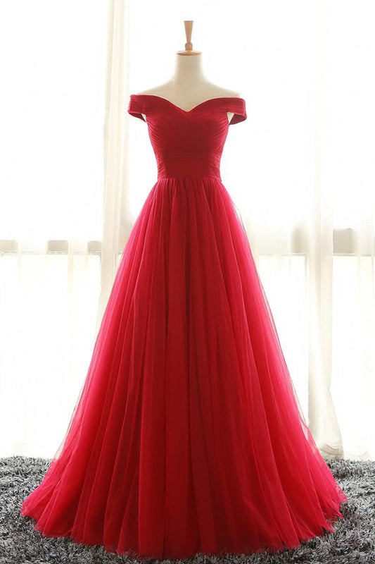 Red Off Shoulder A Line Floor Length Layers Prom Dresses