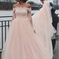 Pink A Line Brush Train Off Shoulder Long Sleeve Lace Wedding Dresses