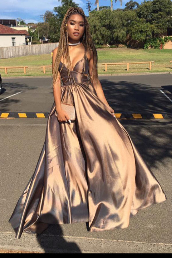 long gold dresses for prom A Line Floor Length Deep V Neck Sleeveless Open Back Dress sparkling Beading All items besides archived US Size:38 Back to the Office: