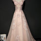 Pink A Line Brush Train V Neck Capped Sleeve Lace Up Appliques Prom Dress,Party Dress