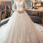 White A Line Chapel Train 3/4 Sleeve Appliques Wedding Dress,Perfect Wedding Dress