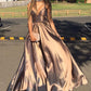 Gold A Line Floor Length Deep V Neck Sleeveless Open Back Prom Dresses