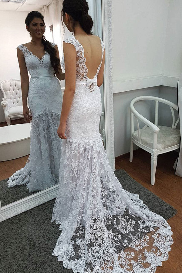 White Mermaid Court Train V Neck Sleeveless Backless Lace Wedding Dress,Perfect Wedding Gowns