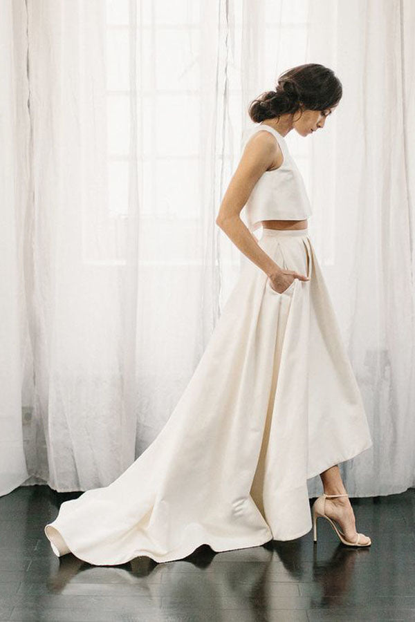 White Two Piece A Line Asymmetrical Sleeveless Satin Wedding Dress,Beach Wedding Dress