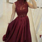 Burgundy Satin A-line Sleeveless High Neck Long Prom Dress