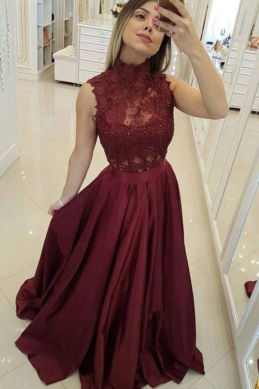 Burgundy Satin A-line Sleeveless High Neck Long Prom Dress