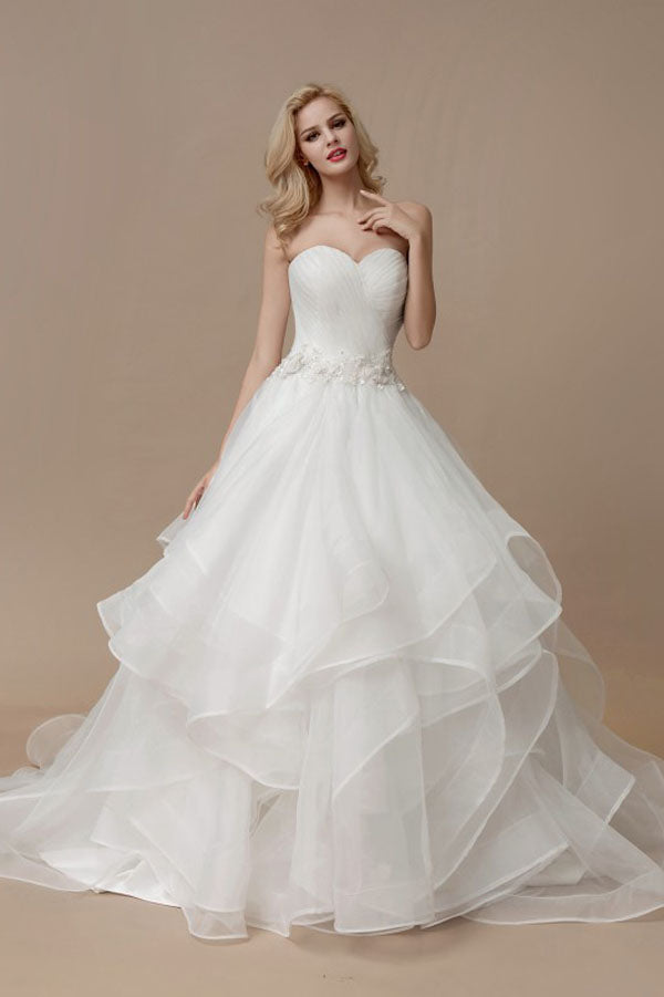 White A Line Court Train Sweetheart Sleeveless Ruffles Wedding Dress,Wedding Gowns