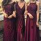 Burgundy A Line Floor Length Sleeveless Appliques Beading Cheap Bridesmaid Dresses B200 - Ombreprom