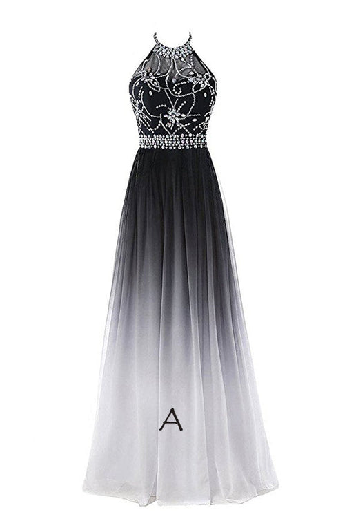 Elegant Black And White Ombre Chiffon A Line Backless Long Prom Dress