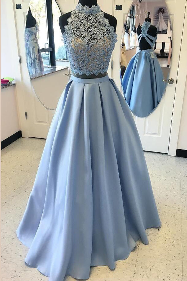 Blue Two Piece A Line Halter Sleeveless Open Back Appliques Evening/Prom Dress P77 - Ombreprom