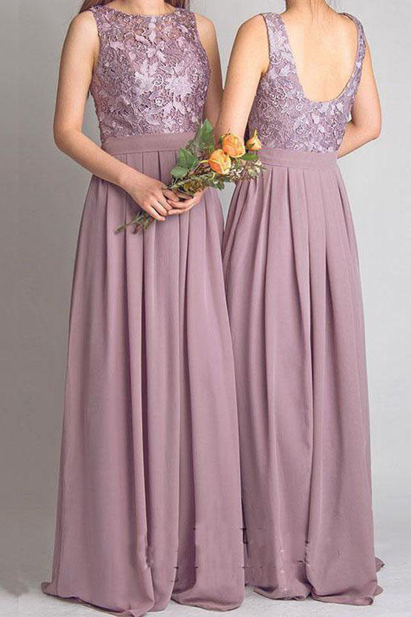 A Line Floor Length Jewel Neck Sleeveless Open Back Appliques Cheap Bridesmaid Dress B213 - Ombreprom