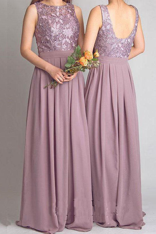 A Line Floor Length Jewel Neck Sleeveless Open Back Appliques Cheap Bridesmaid Dress B213 - Ombreprom