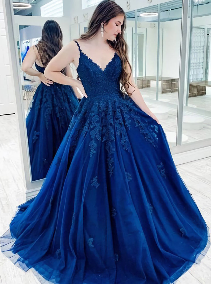 Blue Sleeveless Lace Appliques Long A Line Prom Dress PD1109