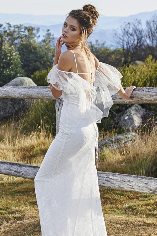 White Sheath Court Train Sleeveless Tulle Wedding Dress,Beach Wedding Dress