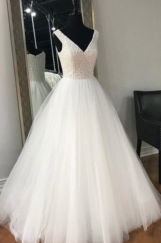 White A Line Floor Length V Neck Sleeveless Layers Wedding Dress,Perfect Wedding Gowns