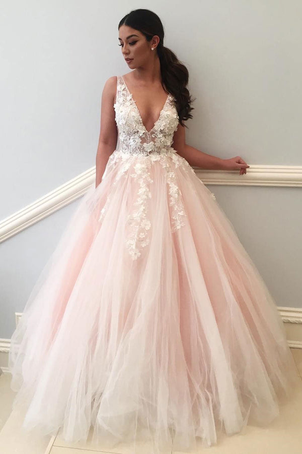 Pink A Line Floor Length Deep V Neck Sleeveless Appliques Wedding Dress,Perfect Wedding Dress