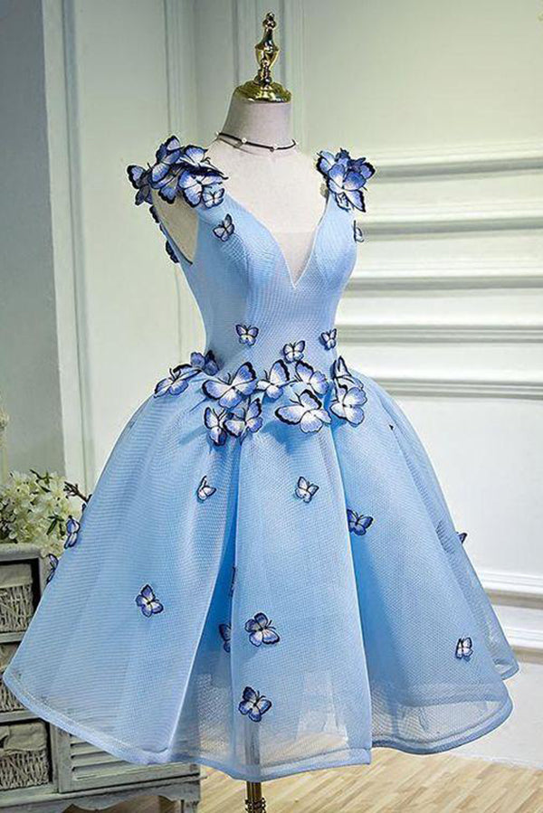 Ombreprom Homecoming Dress Blue Butterfly Appliques V Neck