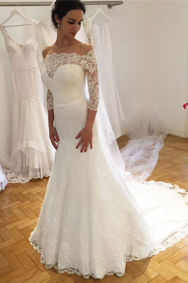 White Trumpet Court Train 3/4 Sleeve Off Shoulder Lace Wedding Dress,Cheap Wedding Dress