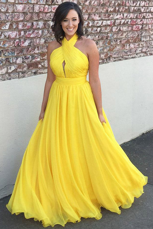 Yellow A Line Floor Length Halter Sleeveless Backless Chiffon Bridesmaid Dress, Wedding Party Dress