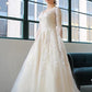 Ivory A Line Court Train V Neck Long Sleeves Layers Appliques Wedding Dress,Cheap Wedding Dress