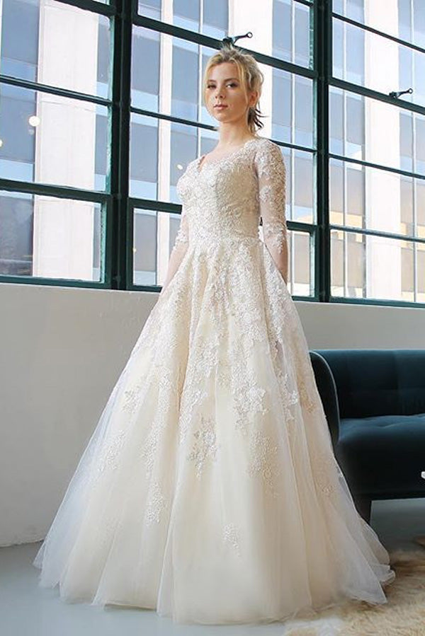 Ivory A Line Court Train V Neck Long Sleeves Layers Appliques Wedding Dress,Cheap Wedding Dress
