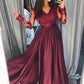 Burgundy A Line Brush Train V Neck Long Sleeve Lace Prom Dress,Party Dress P463 - Ombreprom