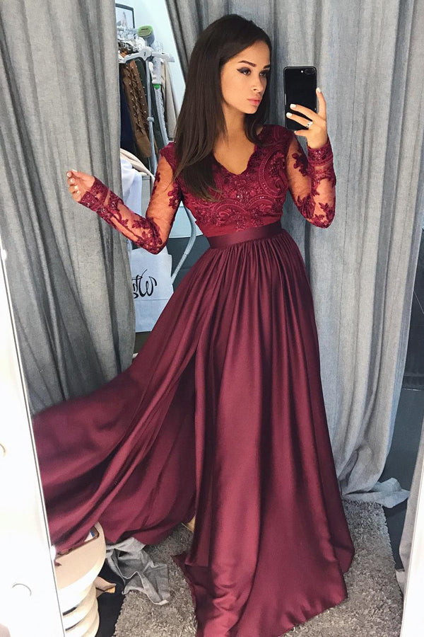 Burgundy A Line Brush Train V Neck Long Sleeve Lace Prom Dress,Party Dress P463 - Ombreprom