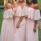 Pink A Line Floor Length Off Sholder Mid Back Chiffon Cheap Bridesmaid Dress