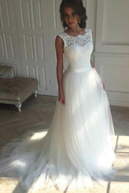Beautiful Wedding Dresses A-line Short Train Ivory Tulle Bridal Gown W300 - Ombreprom