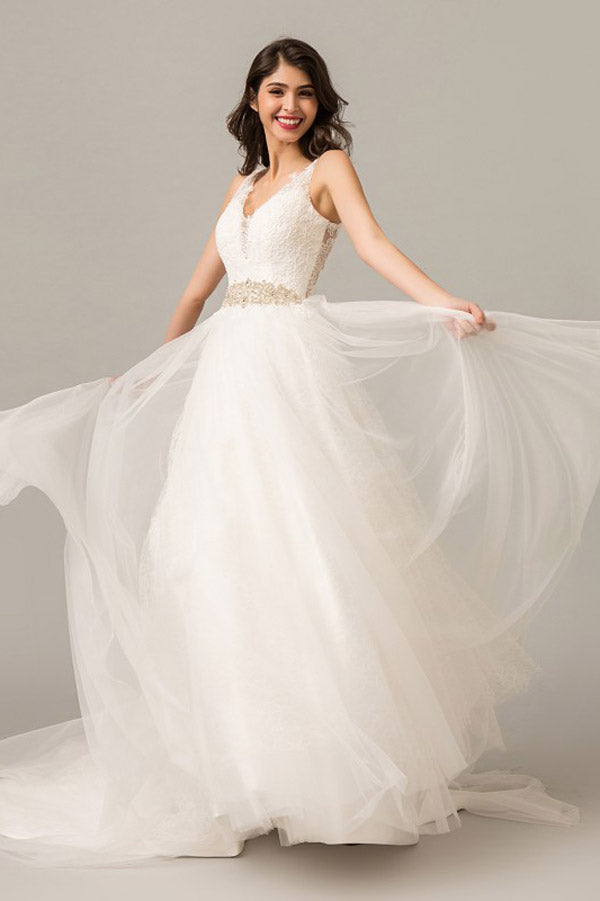 White A Line Court Train V Neck Sleeveless Layers Wedding Dress,Perfect Wedding Dress