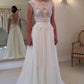 White A Line Brush Train Capped Sleeve Backless Chiffon Beach Wedding Gown,Cheap Wedding Dress