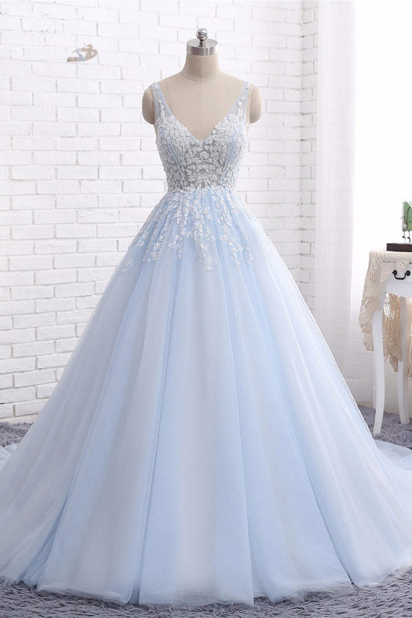 Ball Gown Chapel Train V Neck Sleeveless Backless Appliques Prom Dress,Party Dress P484 - Ombreprom