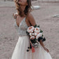 Elegant Spaghetti Straps Backless V Neck Sleeveless With Beaded Wedding Dresses