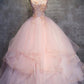 Pink Ball Gown Floor Length Sleeveless Layers Tulle Ruffles Floral Prom Dress,Party Dress