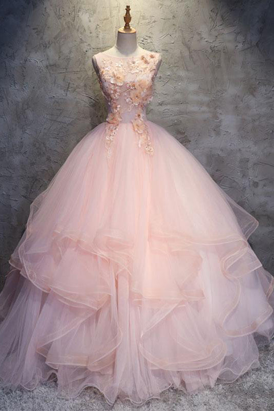 Pink Ball Gown Floor Length Sleeveless Layers Tulle Ruffles Floral Prom Dress,Party Dress