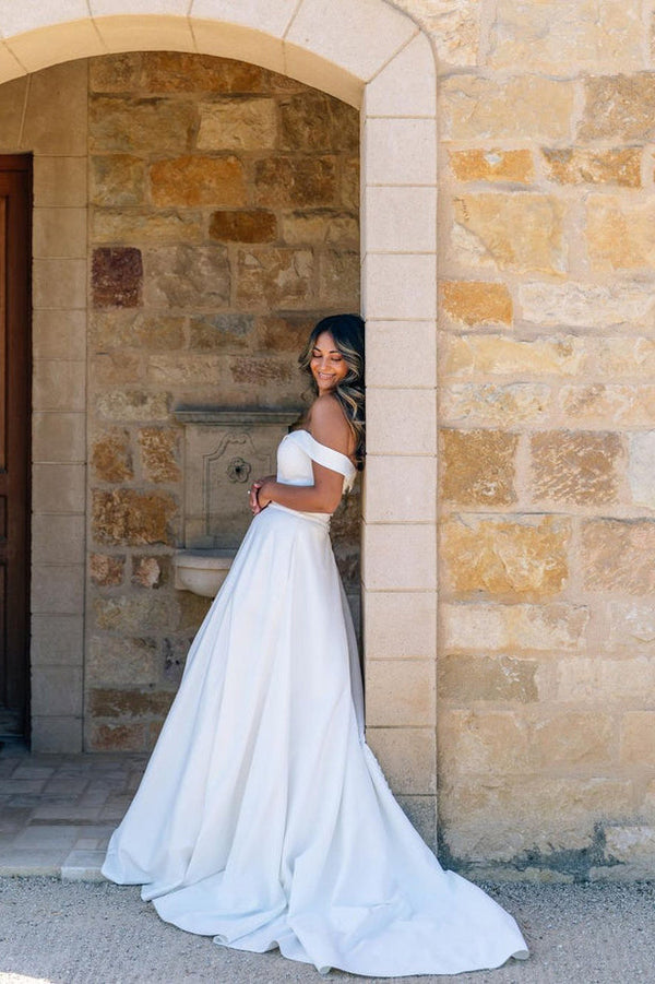 Unique Ball Gown Off The Shoulder Satin Long Wedding Dresses