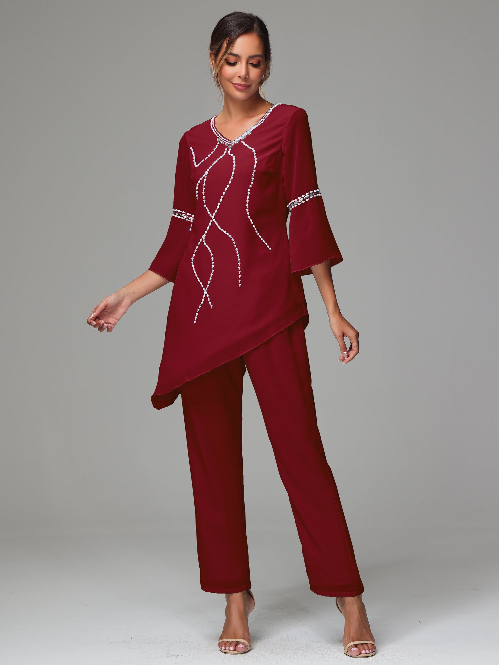 Chiffon 2 Pieces V-Neck Mother of the Bride Pantsuits main image 1