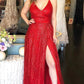Sparkly Sleeveless Floor Length Red Prom Dresses with Split