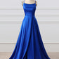 Royal Blue A Line Brush Train Sleeveless Backless Side Slit Prom Dresses