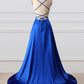 Royal Blue A Line Brush Train Sleeveless Backless Side Slit Prom Dresses