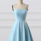 Blue A-Line Spaghetti Straps Short Satin Homecoming Dresses