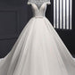 Chic Round Neck Lace Satin Short Sleeves Long Ball Gown Wedding Dresses