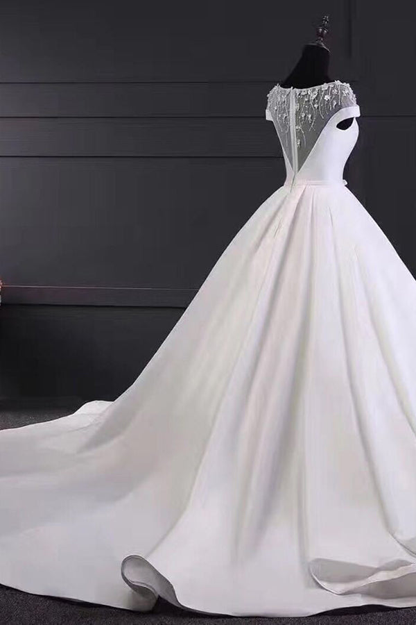 Chic Round Neck Lace Satin Short Sleeves Long Ball Gown Wedding Dresses